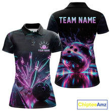 Load image into Gallery viewer, Bowling-themed polo shirt with colorful design on front and back, featuring 'Team Name' and 'Your Name' text.