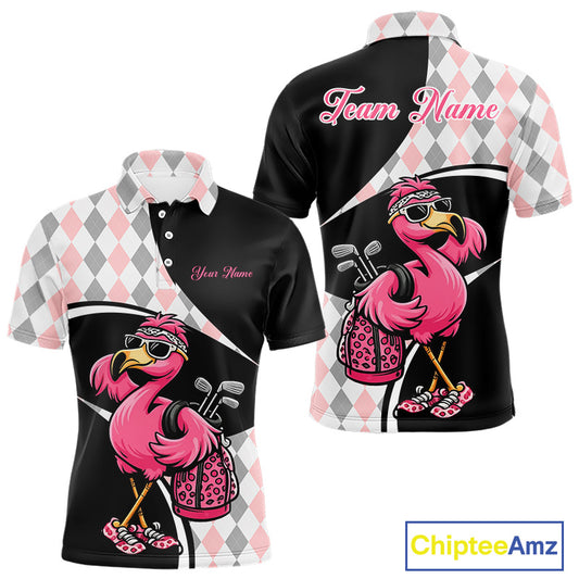 Funny Pink Flamingo Pattern Argyle Golf Polo Shirt For Men, Custom Flamingo Golf Shirt For Team NHT652