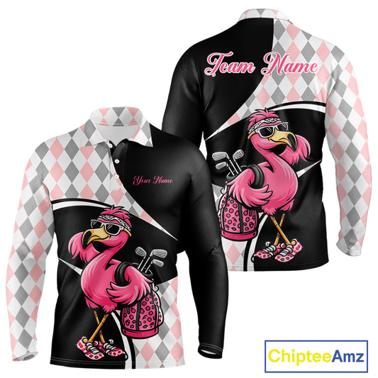 Funny Pink Flamingo Pattern Argyle Golf Polo Shirt For Men, Custom Flamingo Golf Shirt For Team NHT652