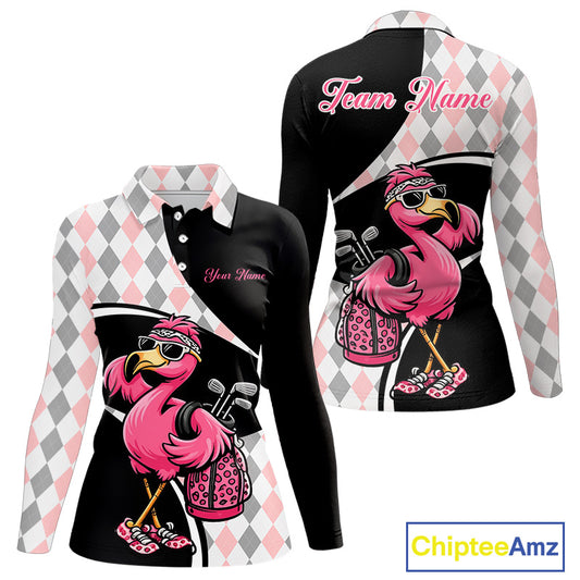 Funny Pink Flamingo Pattern Argyle Golf Polo Shirt For Womens, Custom Flamingo Golf Shirt For Team NHT652