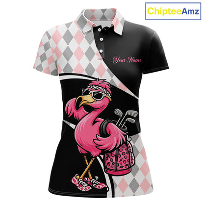 Funny Pink Flamingo Pattern Argyle Golf Polo Shirt For Womens, Custom Flamingo Golf Shirt For Team NHT652