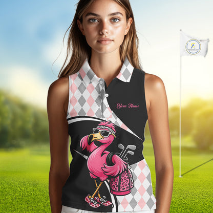 Funny Pink Flamingo Pattern Argyle Sleeveless Womens Golf Polo Shirt, Custom Flamingo Golf Shirt For Team NHT652