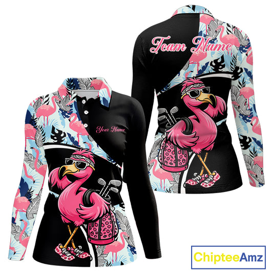 Funny Pink Flamingo Pattern Tropical Flamingo Golf Polo Shirt For Womens, Custom Flamingo Golf Shirt For Team NHT653