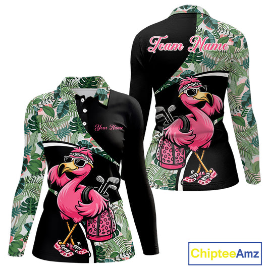 Funny Pink Flamingo Pattern Green Tropical Golf Polo Shirt For Womens, Custom Flamingo Golf Shirt For Team NHT654