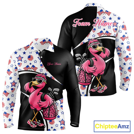 Funny Pink Flamingo Pattern American Flag Golf Polo Shirt For Men, Custom Flamingo Golf Shirt For Team NHT655
