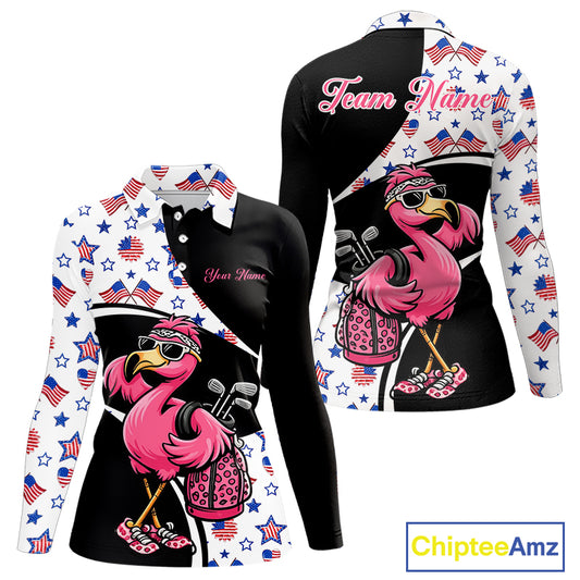 Funny Pink Flamingo Pattern American Flag Golf Polo Shirt For Womens, Custom Flamingo Golf Shirt For Team NHT655