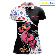 Load image into Gallery viewer, Funny Pink Flamingo Pattern American Flag Golf Polo Shirt For Womens, Custom Flamingo Golf Shirt For Team NHT655