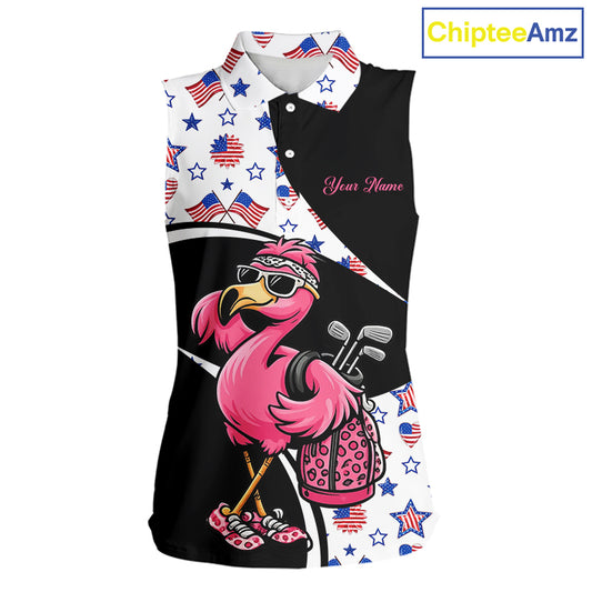 Funny Pink Flamingo Pattern American Flag Sleeveless Womens Golf Polo Shirt, Custom Flamingo Golf Shirt For Team NHT655