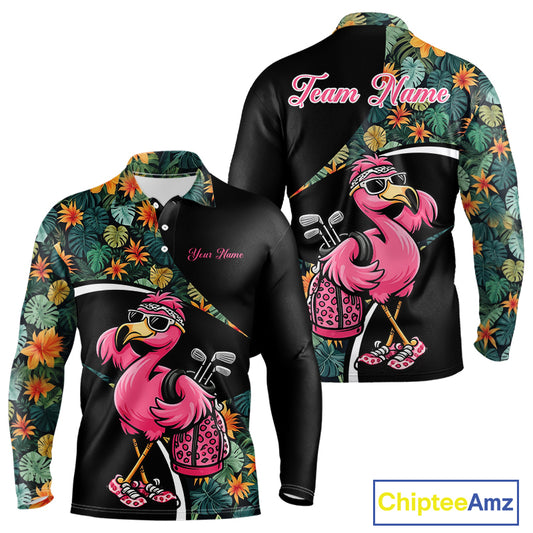 Funny Pink Flamingo Green Tropical Golf Polo Shirt For Men, Custom Flamingo Golf Shirt For Team NHT656