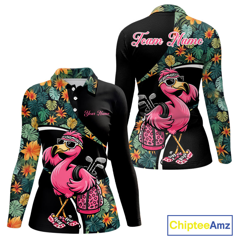 Funny Pink Flamingo Green Tropical Golf Polo Shirt For Womens, Custom Flamingo Golf Shirt For Team NHT656