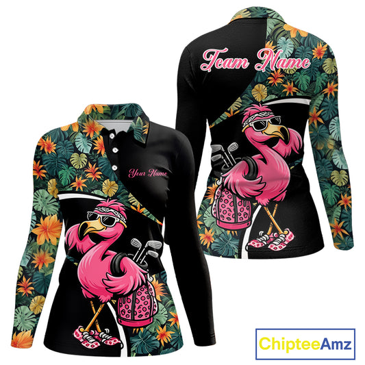 Funny Pink Flamingo Green Tropical Golf Polo Shirt For Womens, Custom Flamingo Golf Shirt For Team NHT656
