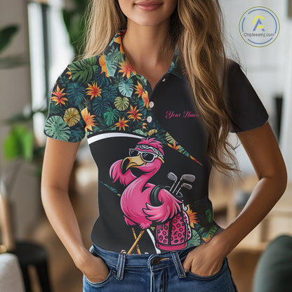 Funny Pink Flamingo Green Tropical Golf Polo Shirt For Womens, Custom Flamingo Golf Shirt For Team NHT656