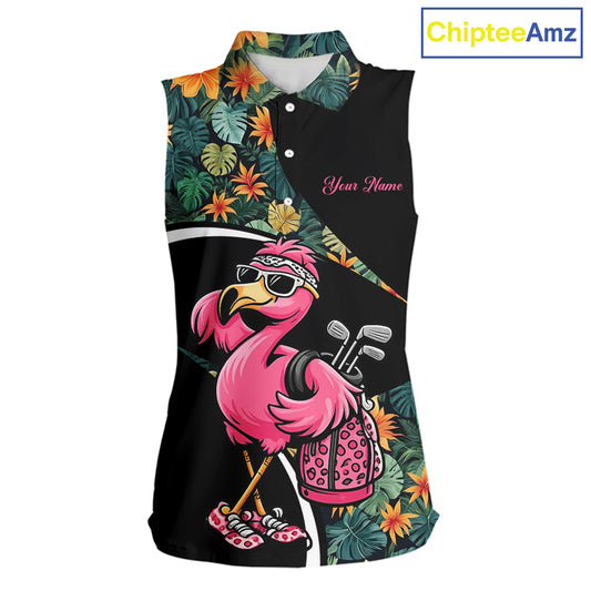 Funny Pink Flamingo Green Tropical Sleeveless Womens Golf Polo Shirt, Custom Flamingo Golf Shirt For Team NHT656