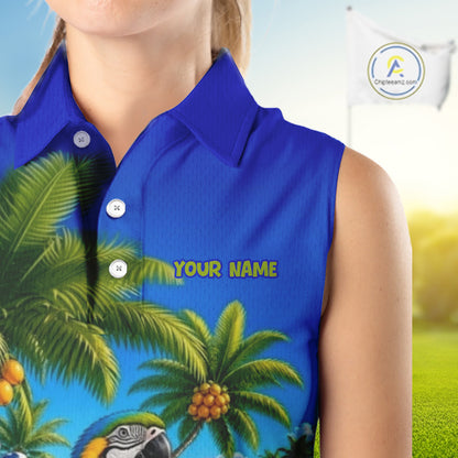 Custom Team Name Tropical Sleeveless Women Golf Polo Shirt – Funny Macaw Parrot Beach Golf Shirt For Womens NHT859