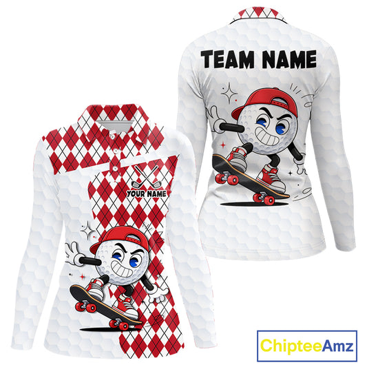 Womens Golf Polo Shirt Argyle Pattern Golf Shirts For Womens Funny Golf Ball Shirt Gifts|Red  NHT861
