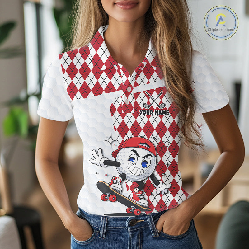 Womens Golf Polo Shirt Argyle Pattern Golf Shirts For Womens Funny Golf Ball Shirt Gifts|Red  NHT861