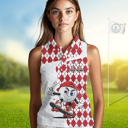 Sleeveless Women Golf Polo Shirt Argyle Pattern Golf Shirts For Womens Funny Golf Ball Shirt Gifts|Red  NHT861