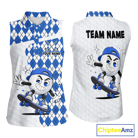 Sleeveless Women Golf Polo Shirt Argyle Pattern Golf Shirts For Womens Funny Golf Ball Shirt Gifts|Blue NHT862