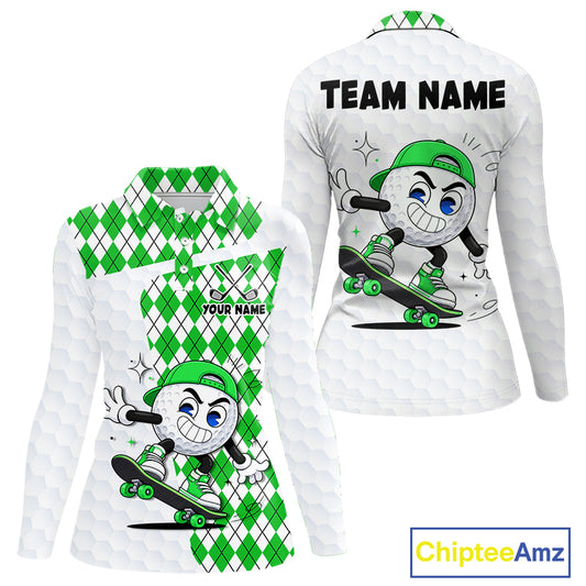 Womens Golf Polo Shirt Argyle Pattern Golf Shirts For Womens Funny Golf Ball Shirt Gifts|Green NHT863
