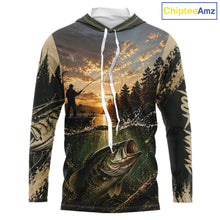 Load image into Gallery viewer, Personalized Bass Hooded Fishing Shirt – Angler Sunset Lake Design, Outdoor Fishing Apparel Gift For Dad NHT866