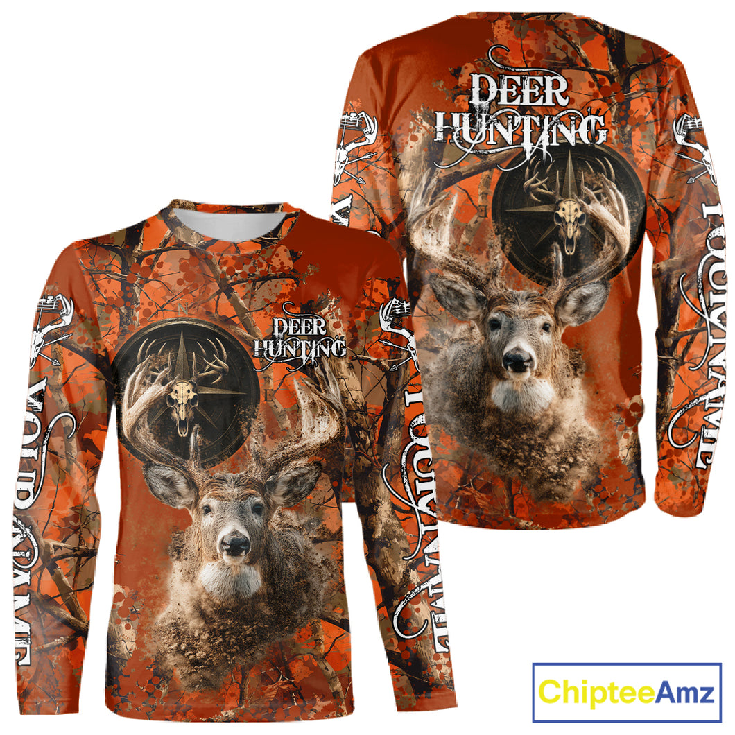 Deer Hunting Shirt Compass Design Orange Camo Custom Name Head Deer Hunting Clothes NHT282