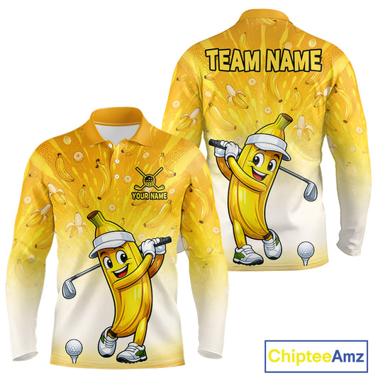 Yellow long-sleeve shirt with cartoon banana character holding a golf club, featuring 'Team Name' and 'Your Name' text on a white background.