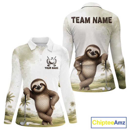 Long-sleeve polo shirt with sloth design and customizable text on a golf course background, featuring the brand 'Chiptee Amz'