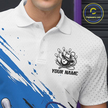 White short-sleeve polo shirt with a black bowling-themed chest graphic and the text 'YOUR NAME', shown on a cropped male model. The shirt has a subtle dotted pattern and a large blue paint-splatter graphic across the left side.