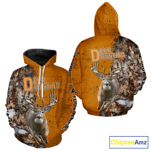 Hunting Shirt with Running Deer Design – Blaze Orange Camo Custom Name 3D Print NHT288