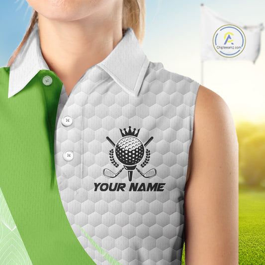 White And Green Golf Clubs Custom Name, Team Name Womens Sleeveless Golf Polo Shirts Team Name Golf Tops NHT690