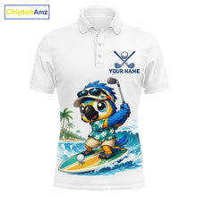 Load image into Gallery viewer, Personalized surfing parrot mens golf polo shirt, tropical beach bird golf team shirt, front view.