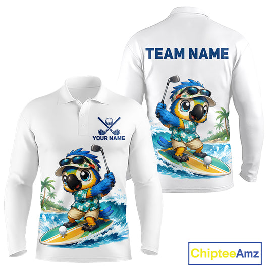 Tropical beach bird mens golf polo shirt, personalized surfing parrot print, side view.
