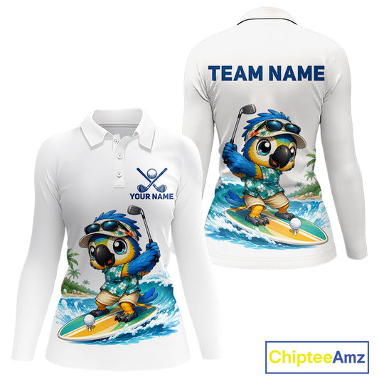 Womens golf polo shirt with surfing parrot graphic, custom name and team, tropical beach design.
