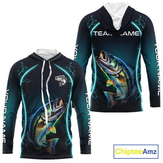 Personalized Neon Bass Fishing Shirt, Largemouth Bass Long Sleeve Hooded Performance Apparel 