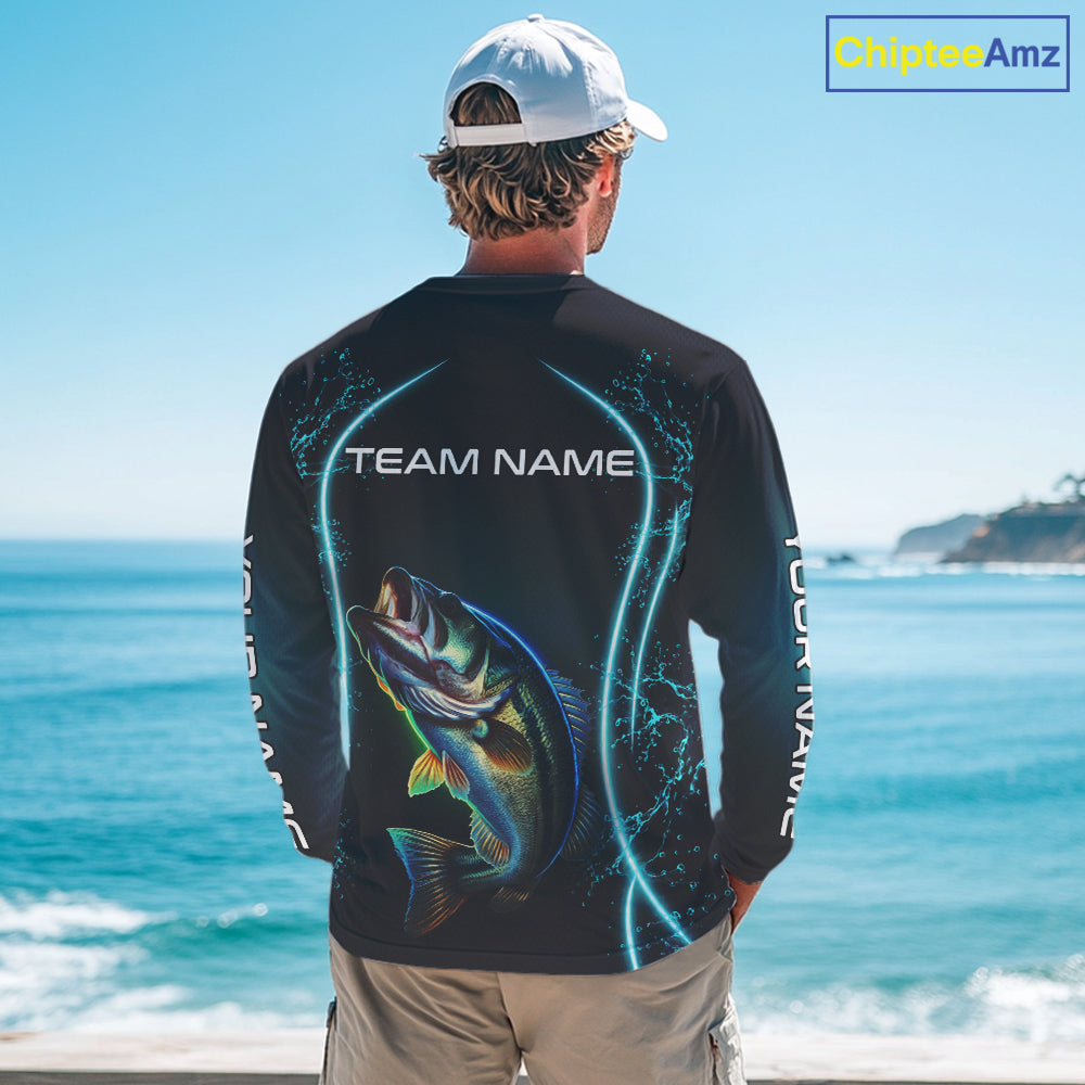 Personalized Neon Bass Fishing Shirt, Largemouth Bass Long Sleeve Performance Apparel 