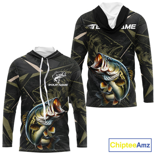 Personalized Bass Fishing Jersey, Custom Name Long Sleeve Hooded Fishing Shirt For Men 