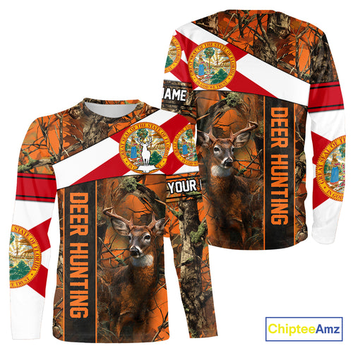 Deer Hunting Shirt With Orange Camouflage, Florida Flag, Custom Name Shirt, Gifts For Hunters NHT04
