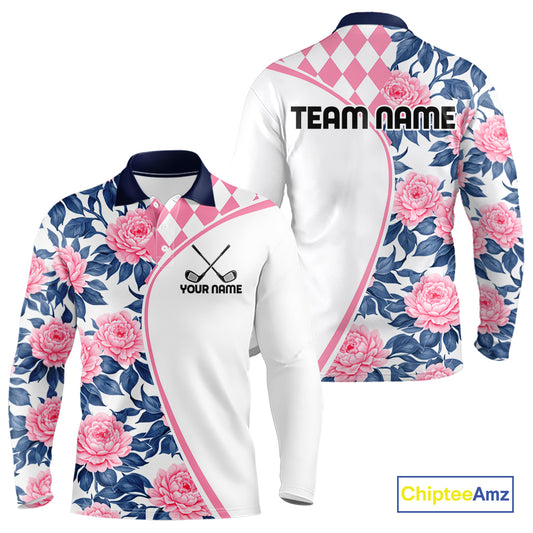 Personalized Pink Tropical Flower Mens Golf Tops Custom Team Golf Shirts, Familly Team Shirt NHT699