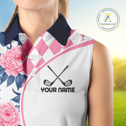 Personalized Pink Tropical Flower Womens Sleeveless Golf Tops Custom Team Golf Shirts, Familly Team Shirt NHT699