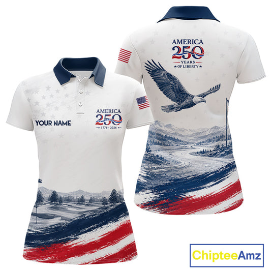 Personalized America 250 Womens Golf Polo Shirt – Patriotic Eagle USA 250Th Anniversary Apparel