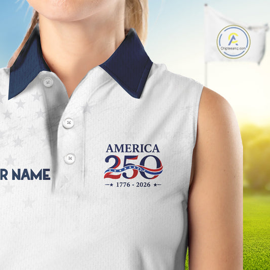 Personalized America 250 Womens Sleeveless Golf Polo Shirt – Patriotic Eagle USA 250Th Anniversary Apparel