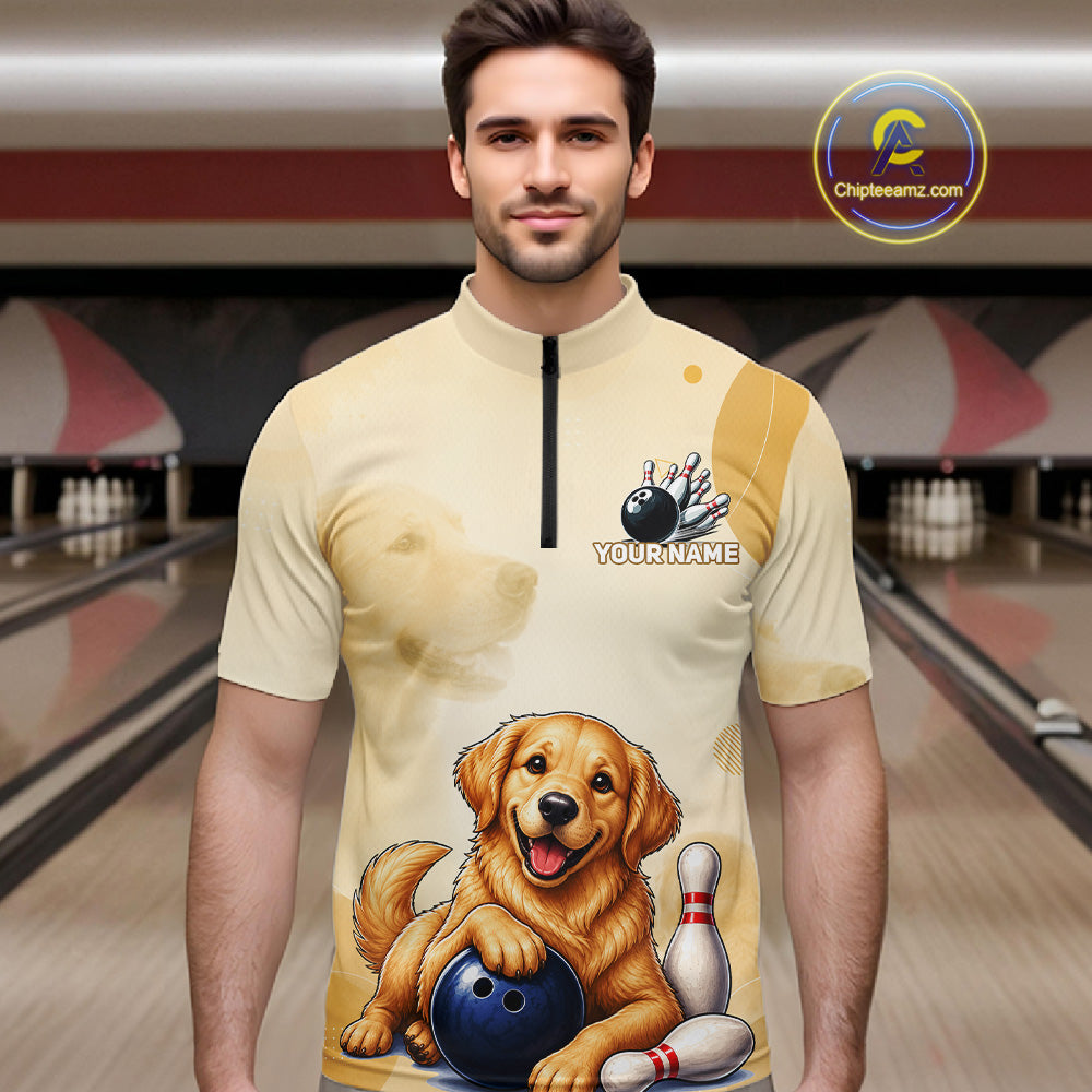 Custom Name Team Bowling Jersey, Men's Golden Retriever Bowling Polo Shirt & Quarter Zip NHT1203