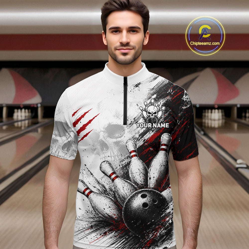 A man wearing a short-sleeve cycling jersey with a bowling-themed graphic print, standing in front of a blurred bowling alley background. The jersey features a black and white splatter design with red claw marks, bowling pins, and a bowling ball, with a placeholder text 'YOUR NAME'.