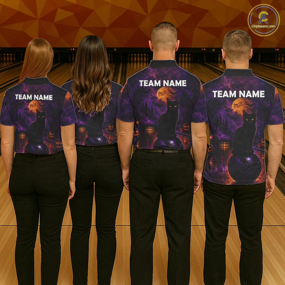 Black Cat Halloween Bowling Polo Shirt Custom Name Team Quarter Zip Jersey For Men NHT1351