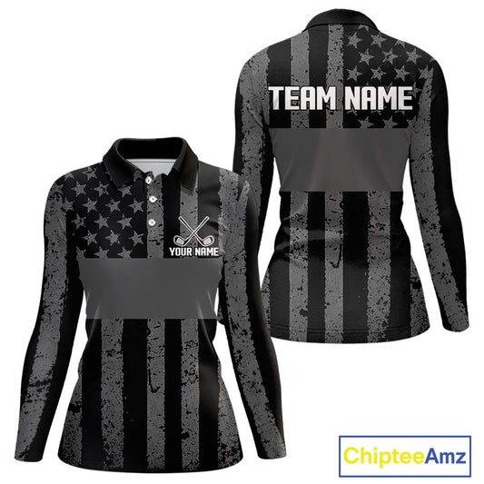 Black White American Flag Womens Golf Polo Shirts Custom Name, Team Name For Women Golf Gift NHT886