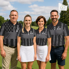 Load image into Gallery viewer, Black White American Flag Mens Golf Polo Shirts Custom Name, Team Name For Men Golf Gift NHT886