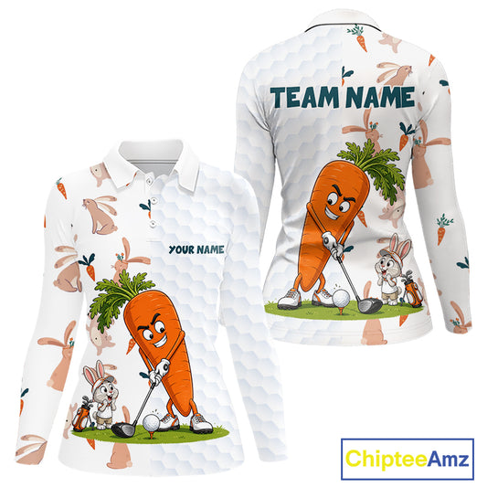 Rabbit Carrot Womens Golf Polo Shirt Funny Golfer Bunny Custom Team Name Jersey NHT892