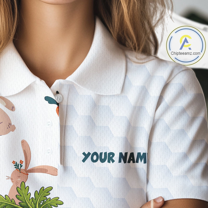 Rabbit Carrot Womens Golf Polo Shirt Funny Golfer Bunny Custom Team Name Jersey NHT892