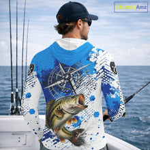 Load image into Gallery viewer, Blue Camo Custom Largemouth Bass Compass Hooded Long Sleeve Tournament Fishing Shirts NHT527