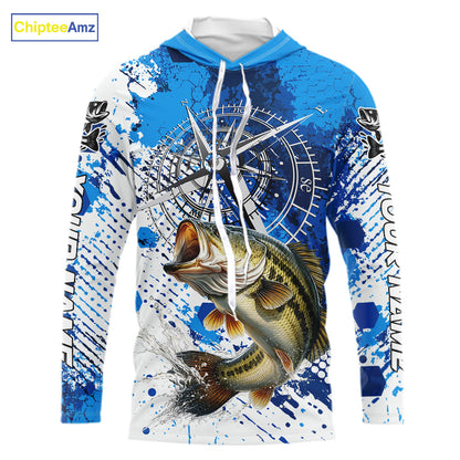Blue Camo Custom Largemouth Bass Compass Hooded Long Sleeve Tournament Fishing Shirts NHT527